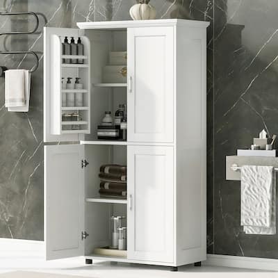 Wide Bathroom Floor Storage Cabinet, Freestanding Bathroom Cabinet with 4 Doors and Adjustable Shelves