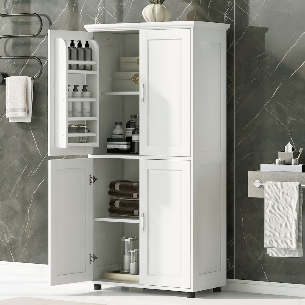 Wide Bathroom Floor Storage Cabinet, Freestanding Bathroom Cabinet with 4 Doors and Adjustable Shelves