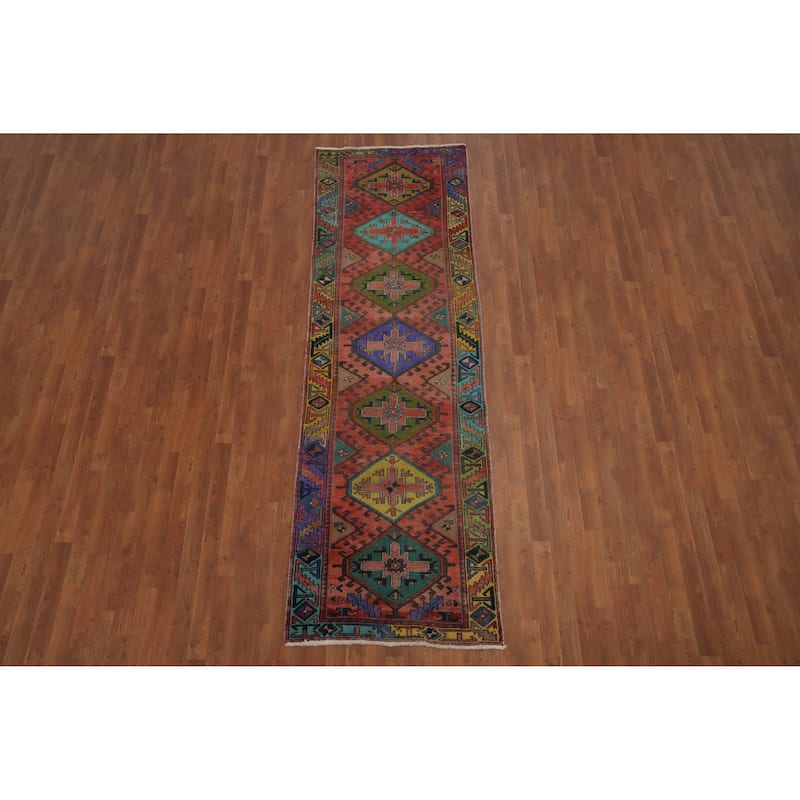 Hand Knotted Oriental 100% Wool Carpet Traditional Geometric Oranges & Rust Tabriz Runner Rug - 9' 10'' X 3' 1''
