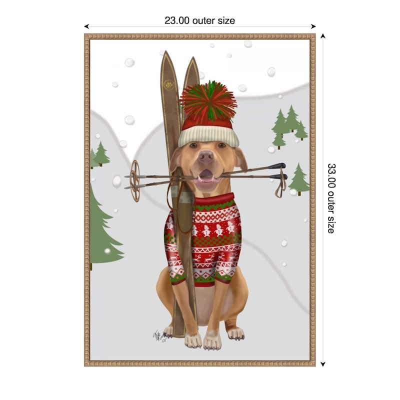 Pitbull Skiing by Fab Funky (23 x 33 in.), Framed Canvas Wall Art Print - Sylvie Beaded Rustic Natural