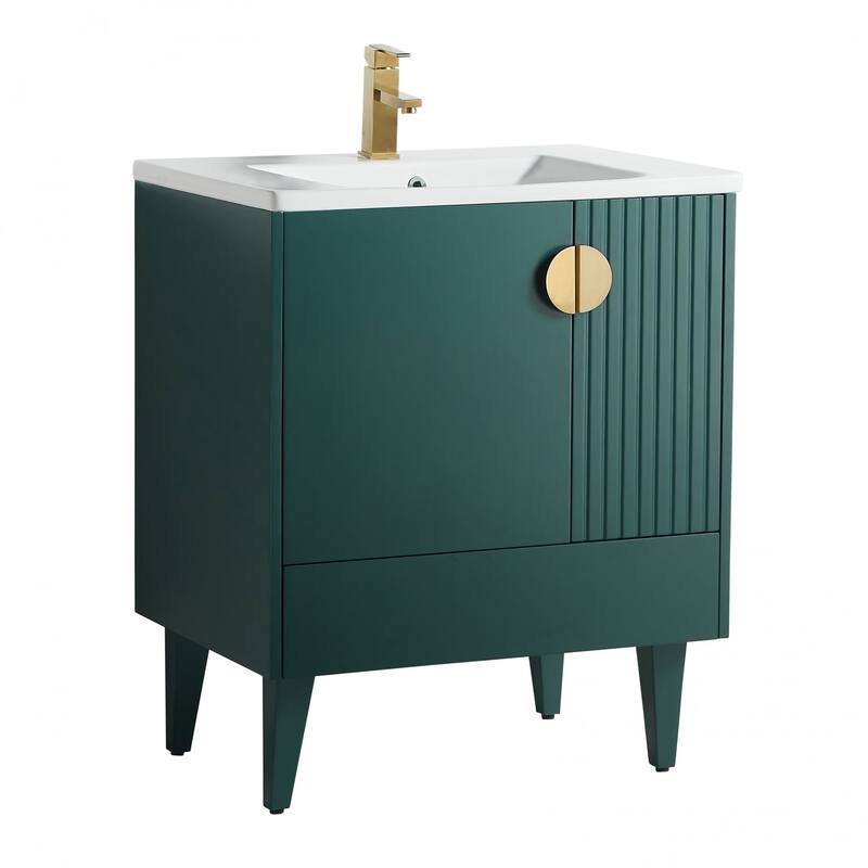 Venezian Single Bathroom Vanity with Sink - 30" - Green - Satin Brass Handles