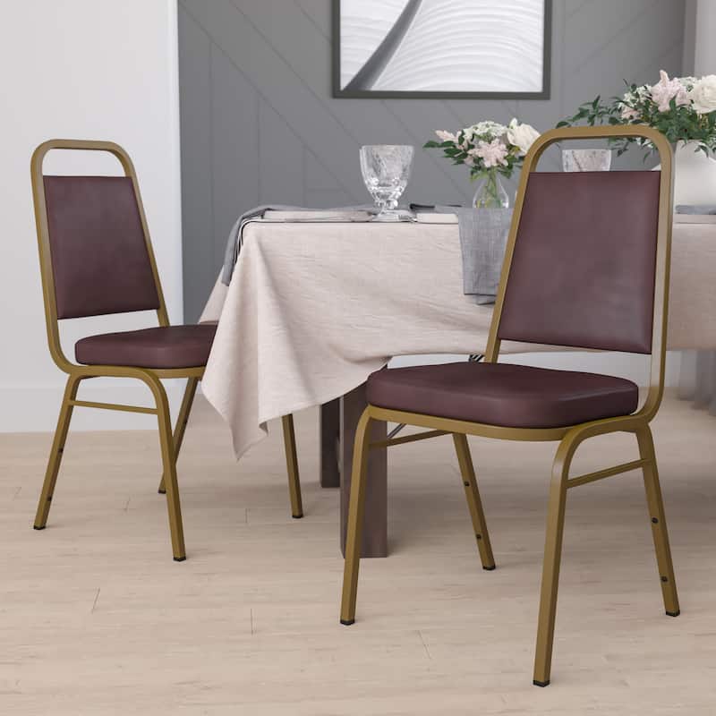 4 Pack Trapezoidal Back Stacking Banquet Chair - 20.25"D x 17.5"W x 36"H - Brown Vinyl/Gold Frame
