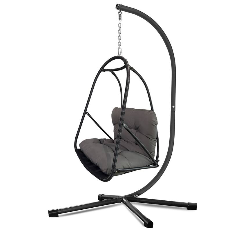 Wicker Swing Egg Chair with Metal Stand and Cup Holder, Patio Hanging Chair with Cushion and Pillow, C Type Bracket