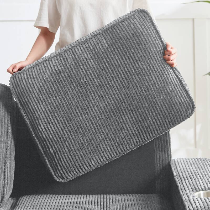84.25" Corduroy 3-Seater Sofa, Cup Holder Armrests and Spring Cushions