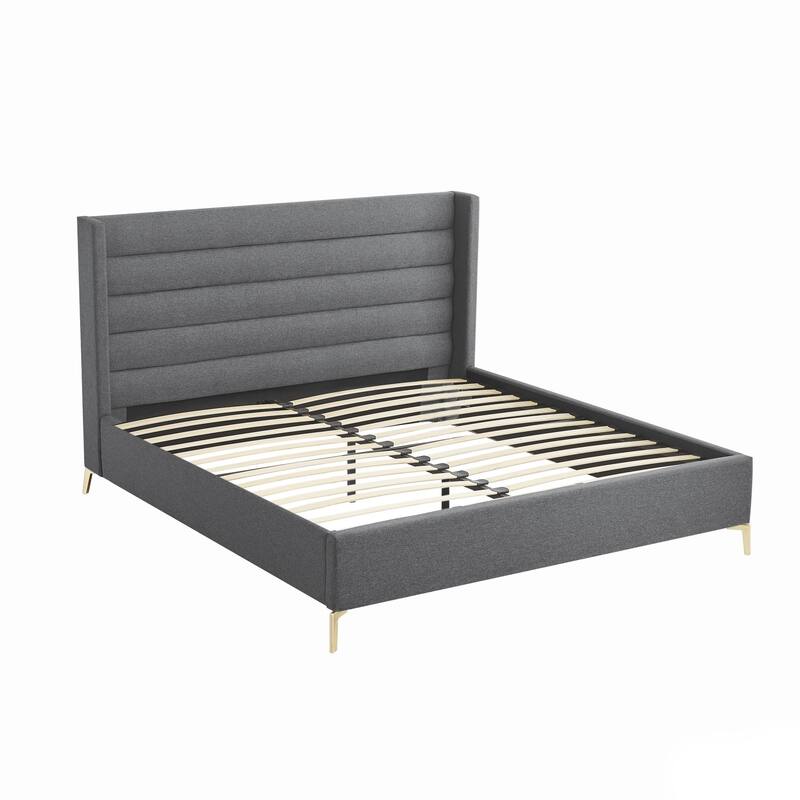 HomeRoots Gray Linen Upholstered Full Bed Frame