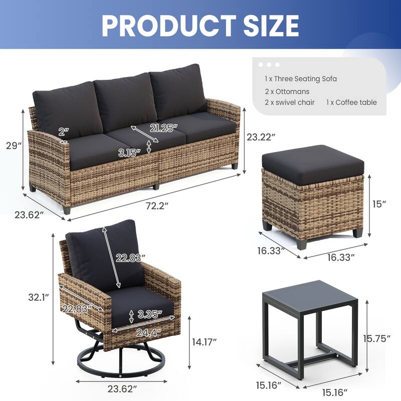 6-Piece Wicker Patio Conversation Set with Swivel Chairs
