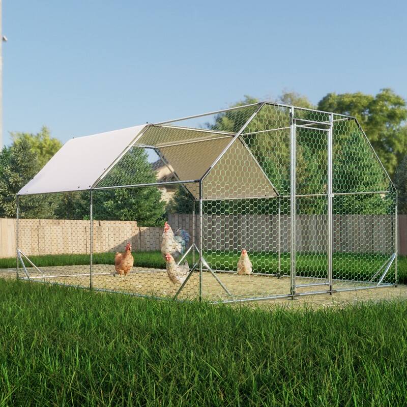 Large Walk-In Metal Chicken Coop – Flat-Shaped Poultry Cage Run with Waterproof Cover‌ - Silver