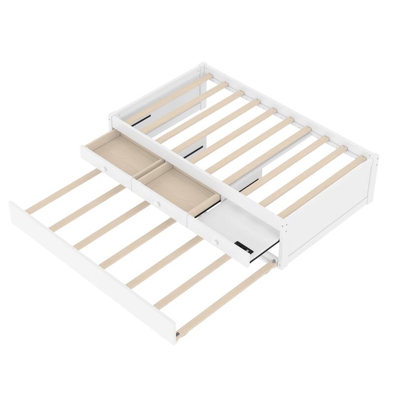 Twin Platform Bed with Trundle and 2 drawers,SolidWood Beds with Power strip