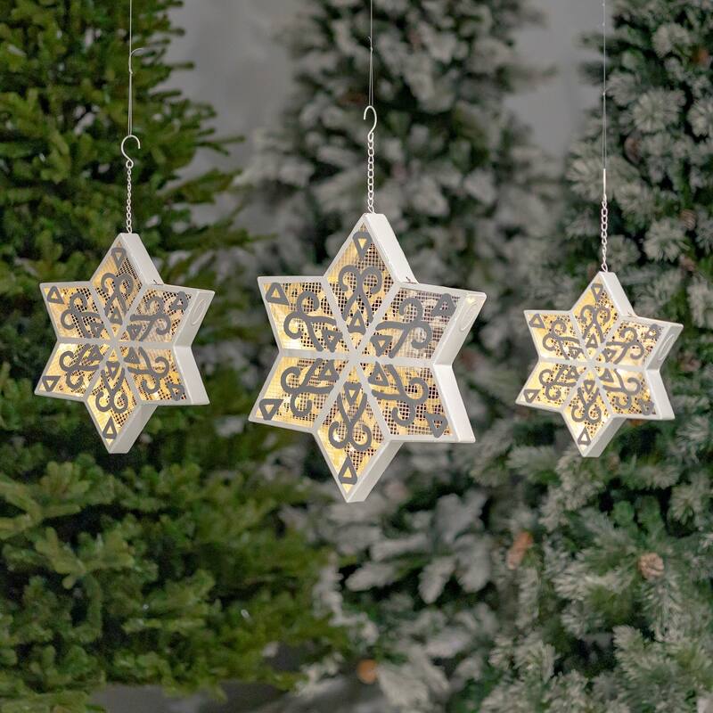 Set of 3 Hanging Christmas Lights- Snowflakes or Stars - Silver - LED Lights - Iron