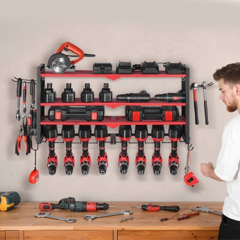 4-Tier Wall Mounted Tool Rack with 8 Drill Slots and Adjustable Shelf Pegboard Organizer - 32.87” x 8.66” x 16.54”