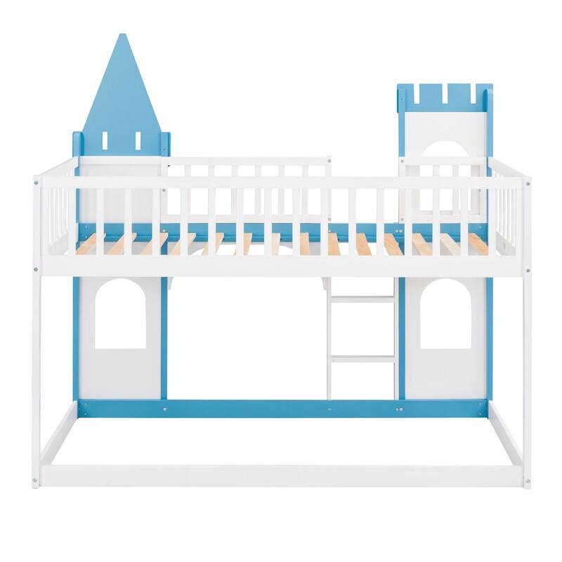 Twin Over Twin Bunk Bed for Kids, Castle Bunk Beds with Ladder & Safety Guardrail