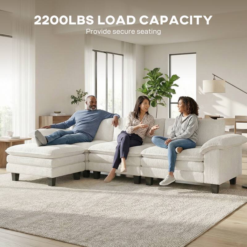 HOMCOM 124" Corduroy L-Shaped Sectional Sofa, Deep Seat, Ottoman, Beige, 2200lb