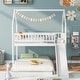 preview thumbnail 10 of 15, Twin Over Full Bunk Bed with Slide and Built-in Ladder, Wooden Floor House Shaped Bedframe w/Full-Length Guardrail & Roof White - Full