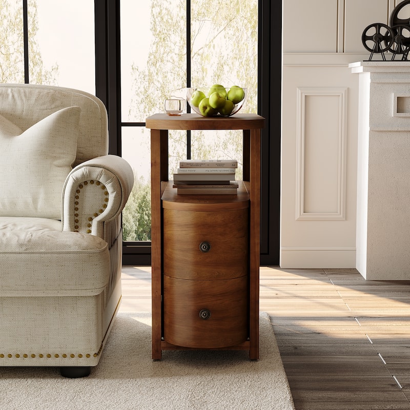 Solid Wood End Side Table with 2 Drawers, Fully Assembled