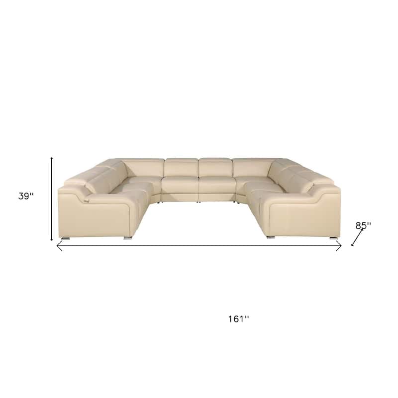 HomeRoots Beige Italian Leather Power Reclining U Shaped Eight Piece Corner Sectional With Console