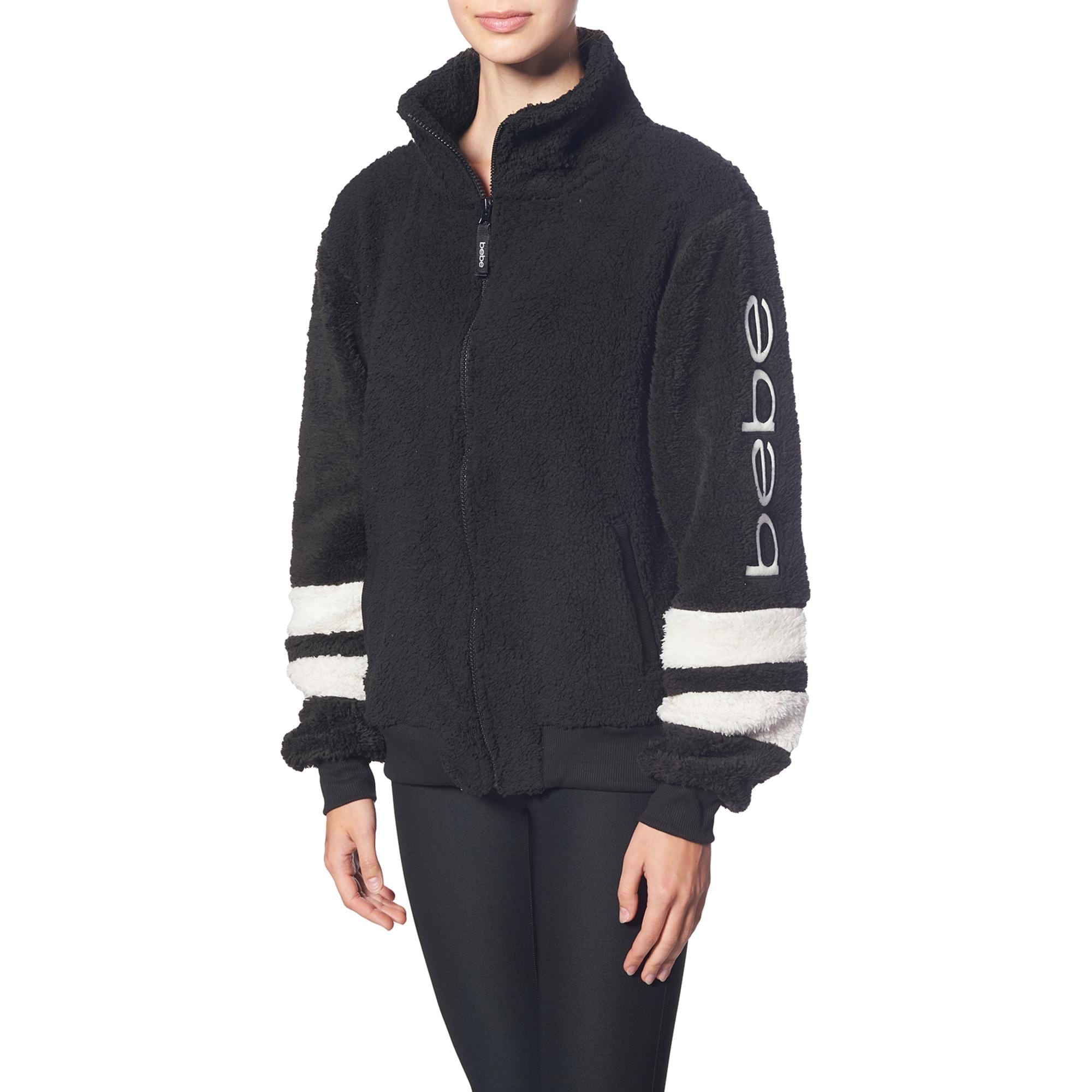Bebe Sport Women S Sherpa Striped Full Zip Logo Jacket For Women Black Overstock