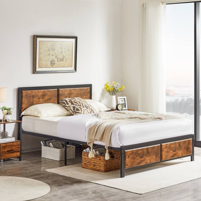 VECELO Platform Bed Frame with Wooden Headboard, Heavy Duty Steel Slats Support, No Box Spring Needed