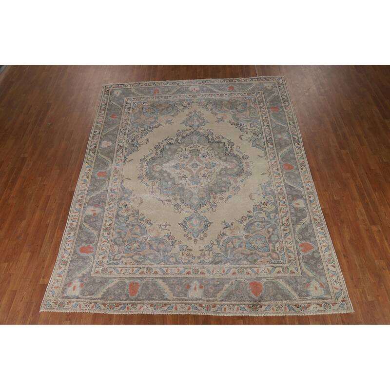 Geometric Tabriz Persian Rug Hand-Knotted Beige Wool Carpet - 8'2"x 10'6"