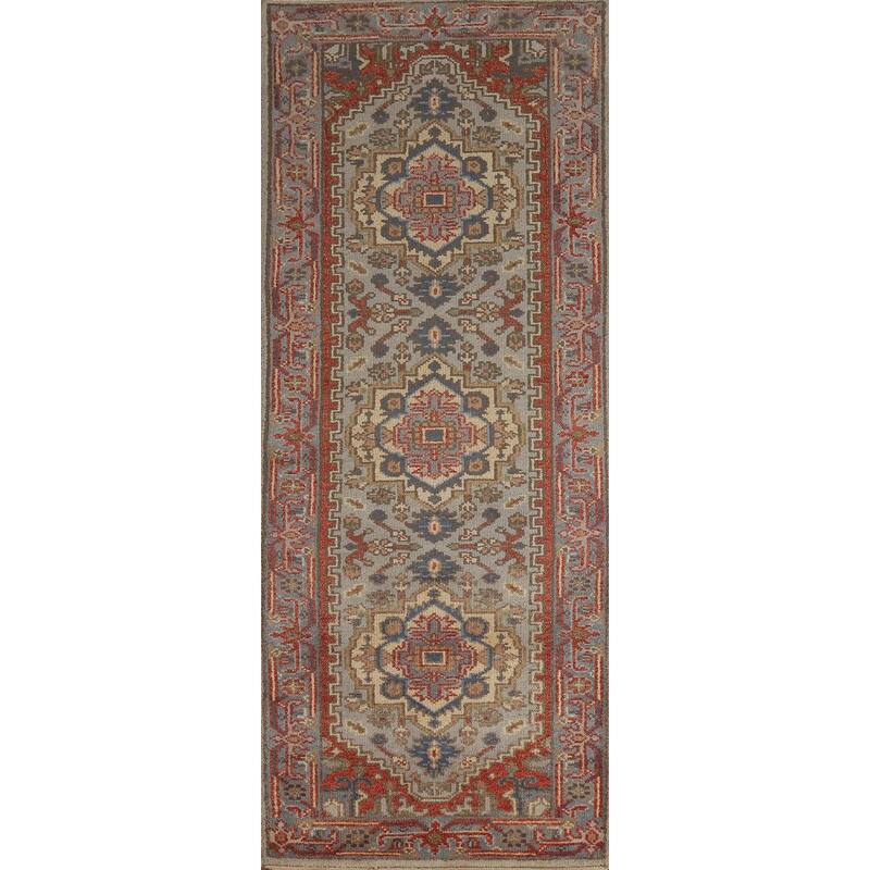 Hand Knotted Oriental 100% Wool Carpet Traditional Geometric Greys & Charcoal Heriz (serapi) Runner Rug - 7' 11'' X 2' 7''