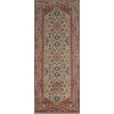Hand Knotted Oriental 100% Wool Carpet Traditional Geometric Greys & Charcoal Heriz (serapi) Runner Rug - 7' 11'' X 2' 7''