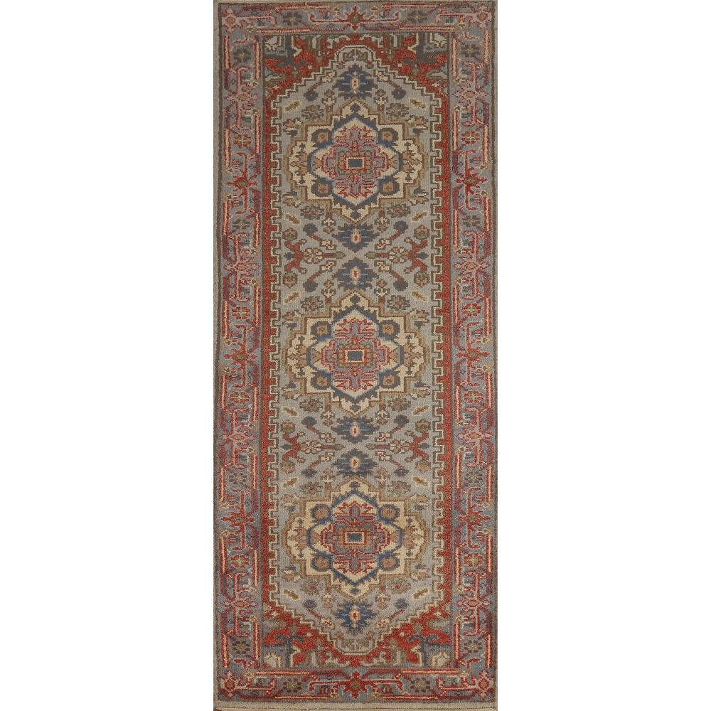 Hand Knotted Oriental 100% Wool Carpet Traditional Geometric Greys & Charcoal Heriz (serapi) Runner Rug - 7' 11'' X 2' 7''