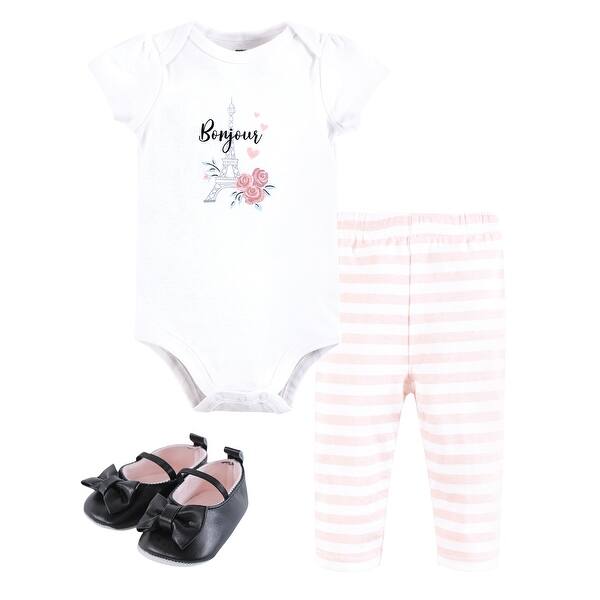slide 1 of 1, Hudson Baby Infant Girl Cotton Bodysuit, Pant and Shoe Set, Bonjour Paris 12-18 Months - Bonjour Paris