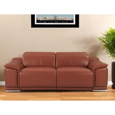 HomeRoots 86" Camel Italian Leather USB Reclining Sofa With Silver Legs