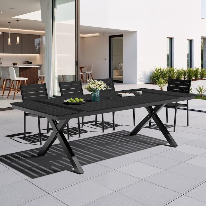 Outdoor Aluminum Dining Table Rectangular Table with Umbrella Hole for 10-12 Person