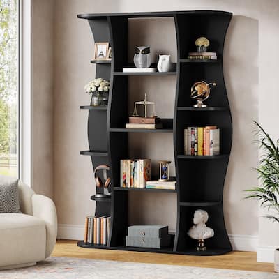 70.87" Black Tall Bookcase, 5-Tier Open Bookshelf with Storage
