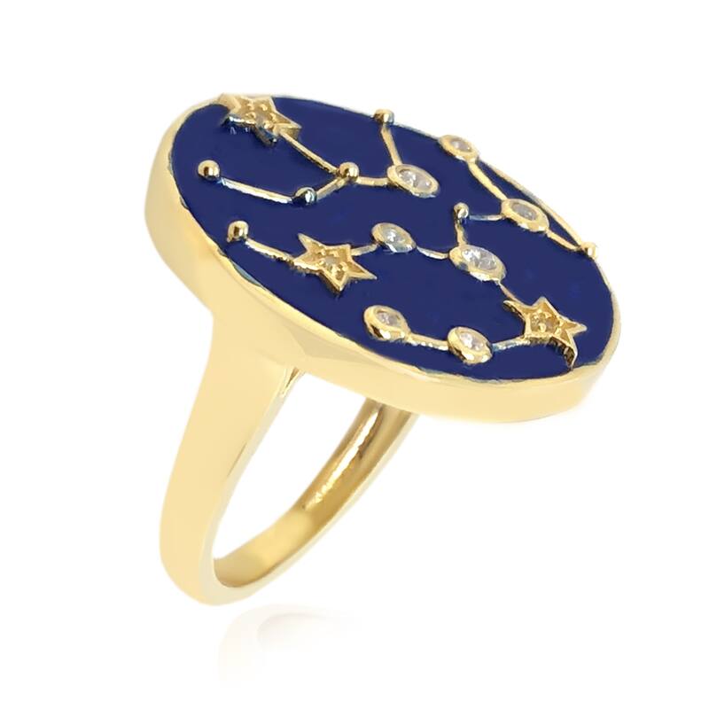 Sterling Silver Over Gold Plated White Zircon With Blue Enamel Sagittarius Zodiac Signs Ring