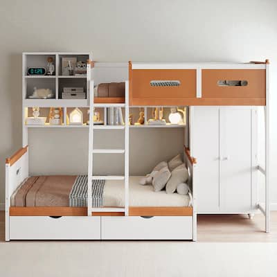 Twin Over Full Wooden Bunk Bed with Wardrobe, Drawers, Shelves & LED Light, White and Orange Finish