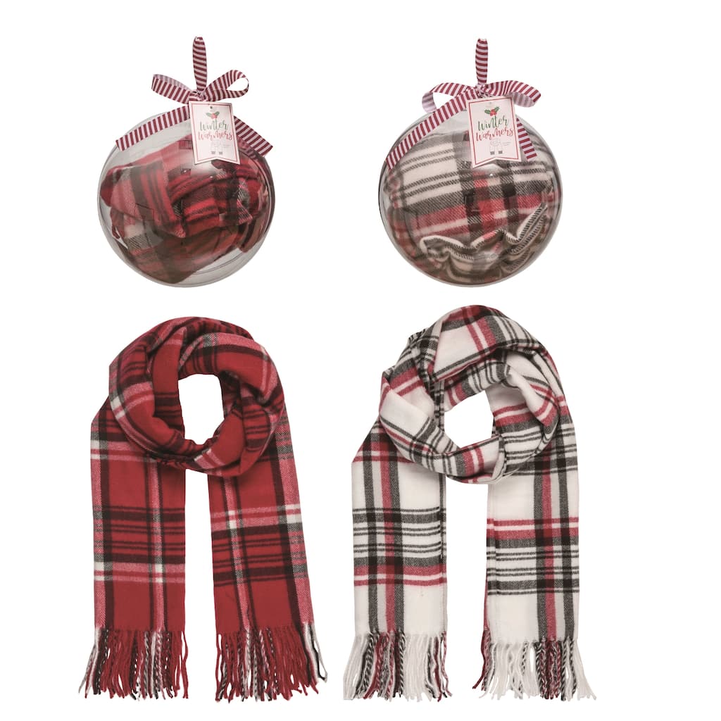Transpac Plaid Scarf In Acrylic Ball Ornament Set of 2 Christmas Home Decorations