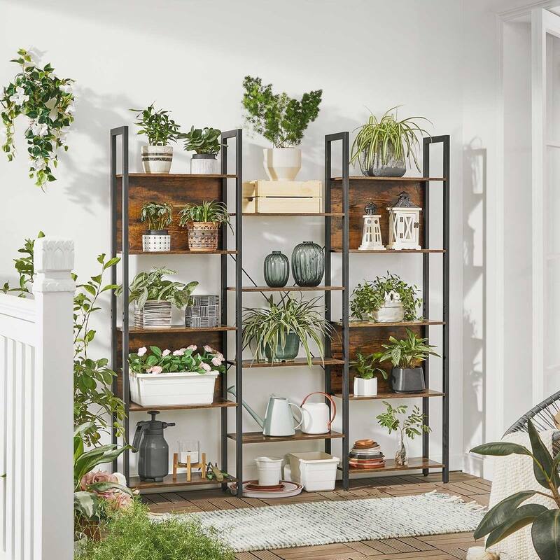 Triple Wide 5 Tier Bookshelf, Bookcase with 14 Storage Shelves, Metal Frame, Rustic Brown and Black - 62.2"L x 9.4"W x 65.4"H