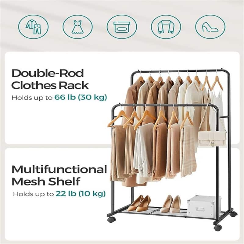 Double Rod Clothes Rack with Wheels - 23.4"D x 36.4"W x 62.2"H