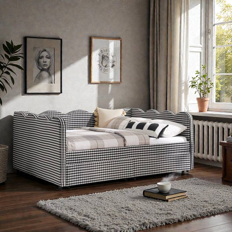 Full Size Gingham Upholstered Daybed with USB Port, Two Storage Drawers and Wave Shaped Design - Black - Full