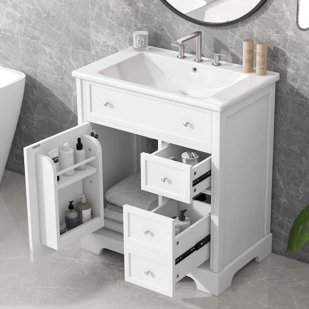 30" Bathroom Vanity with Sink Top, Bathroom Vanity Cabinet with Door and Two Drawers, MDF Boards, Solid Wood
