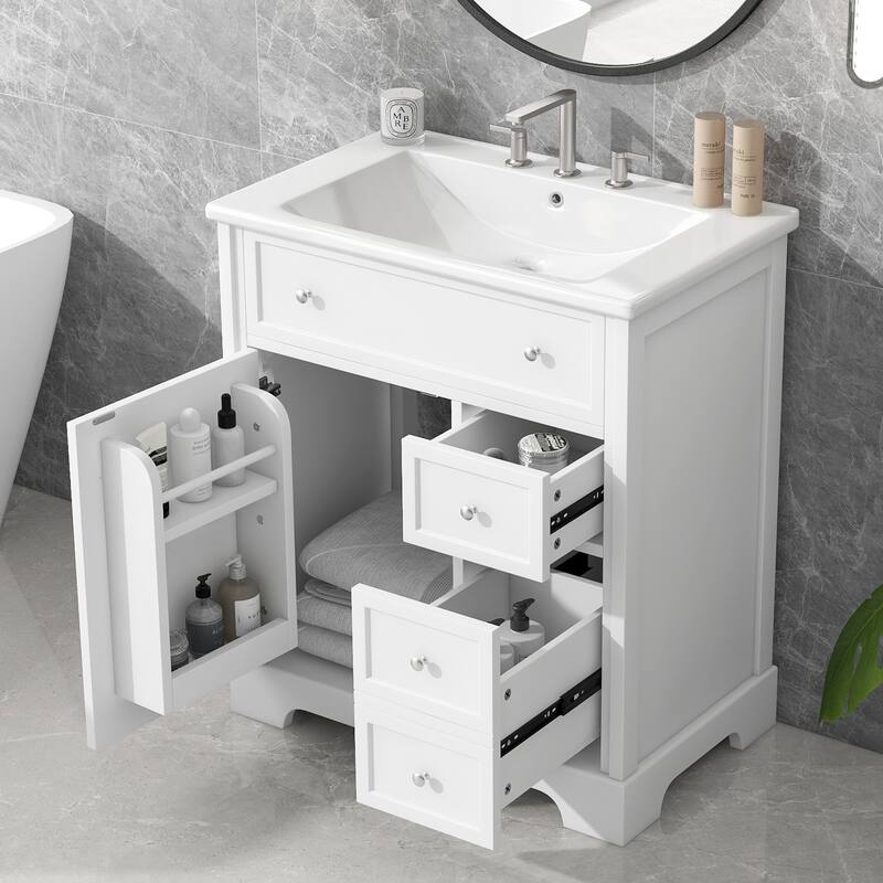 Roomfitters 30" Bathroom Vanity with Sink, Solid Poplar Wood Frame, 2 Drawers & Door with Storage Shelf, White