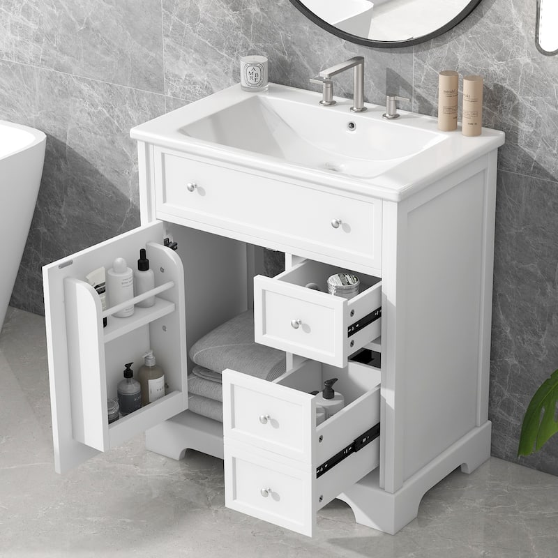 Vanity Cabinet for Bathroom with Sink Top, Door Rack and 2 Drawers - White