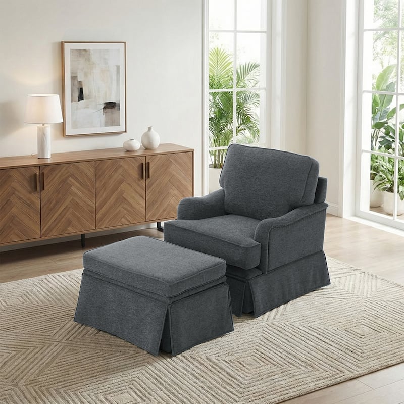 Chenille Swivel Accent Chair Storage Ottoman Set with Nailhead Trim Skirt