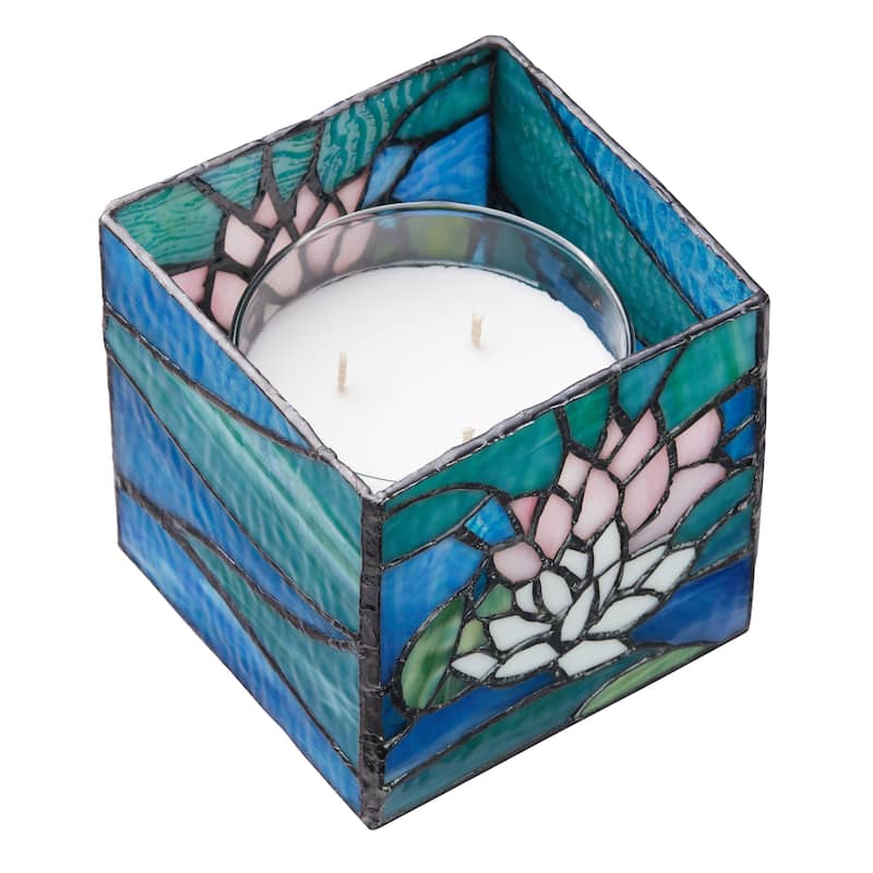 River of Goods 4.75-Inch Blue Pond Lilies Stained Glass Candle Holder - 4.75" x 4.75" x 4.75"