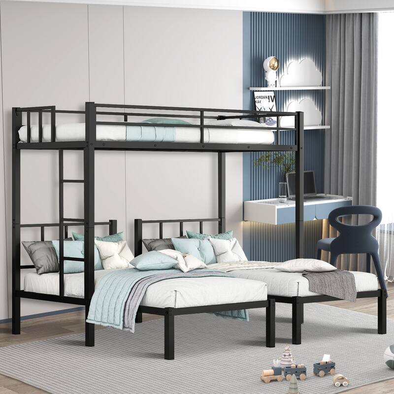 Convertible Triple Twin Bunk Bed with Separates into 3 Individual Twin Beds, and Metal Frame