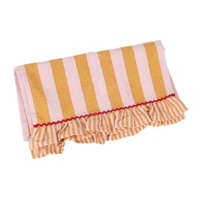 Woven Cotton Striped Table Runner with Ruffle & Ric Rac Trim - 72.0"L x 14.0"W x 0.25"H