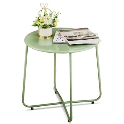 Green Metal Side Table with X-Frame, Adjustable Feet for Indoors/Outdoors - 20.1 x 20.1 x 18.3 in