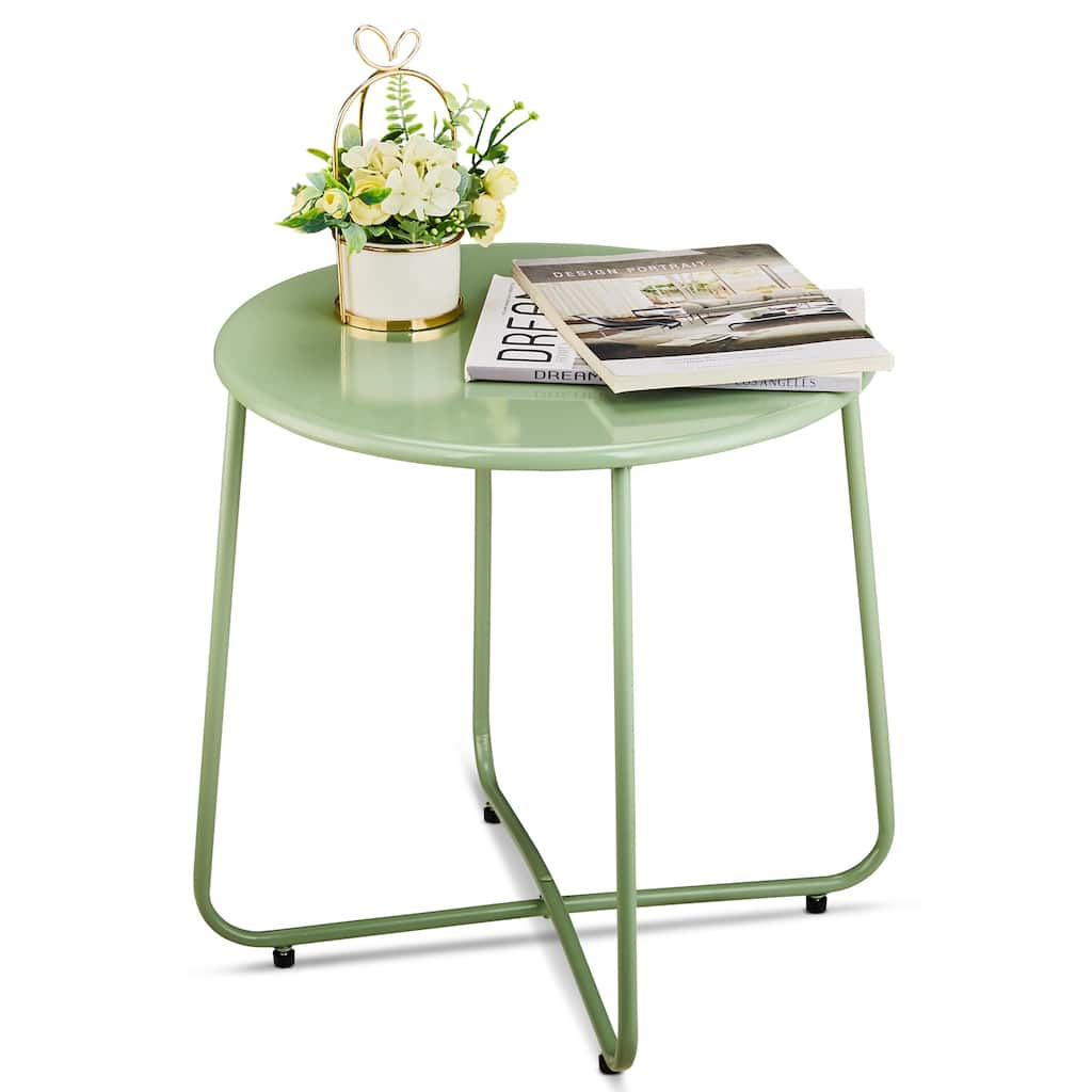 Green Metal Side Table with X-Frame, Adjustable Feet for Indoors/Outdoors - 20.1 x 20.1 x 18.3 in