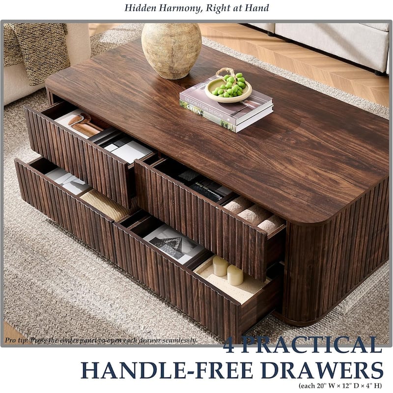 Fluted Coffee Table w/ 4 Drawers, Modern Center Table for Living Room