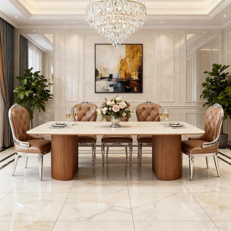 78.8-inch Large Dining Table with Travertine Slab Top for Kitchen Dining Room