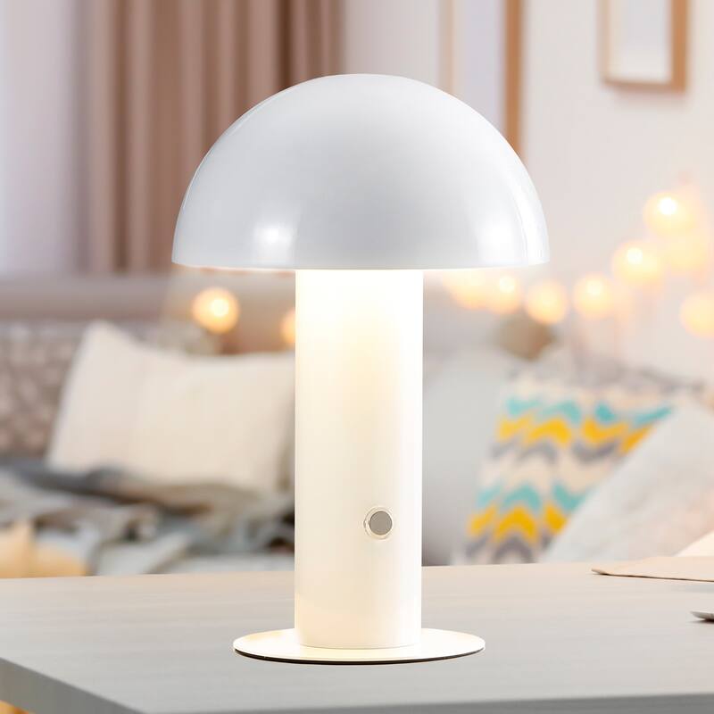 Porcini 10.75" Contemporary Bohemian Rechargeable/Cordless Iron Integrated LED Mushroom Table Lamp, by JONATHAN Y