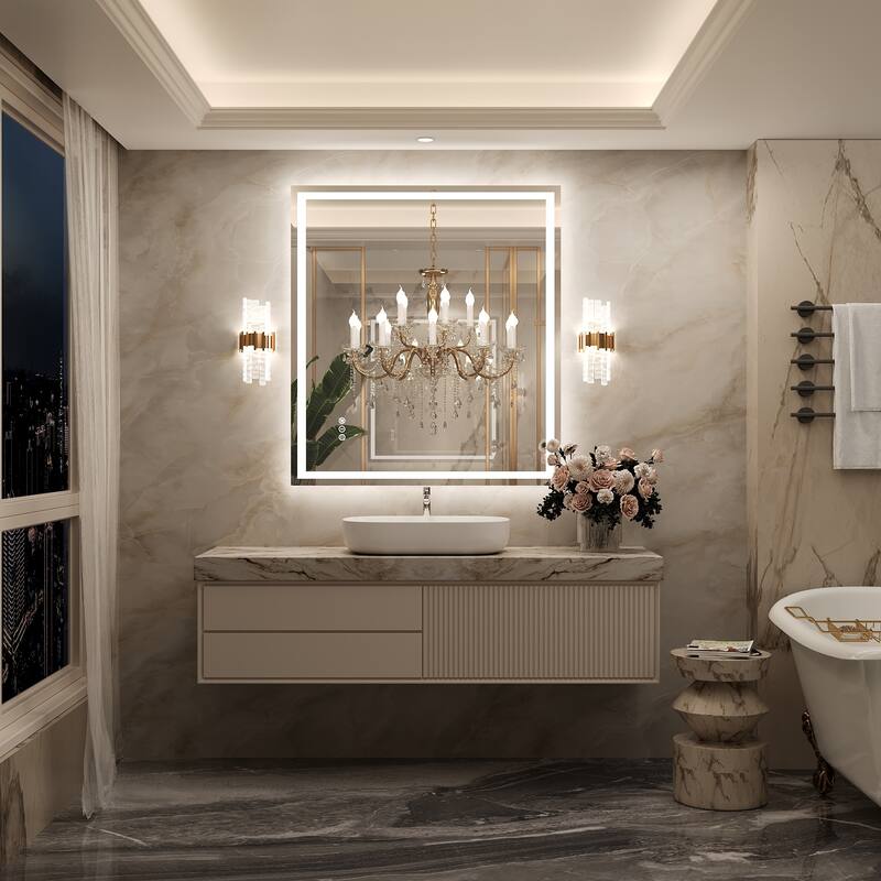 Frameless LED Front Light and Backlit 3 Colors Dimmable Anti-Fog Wall Bathroom Vanity Mirror