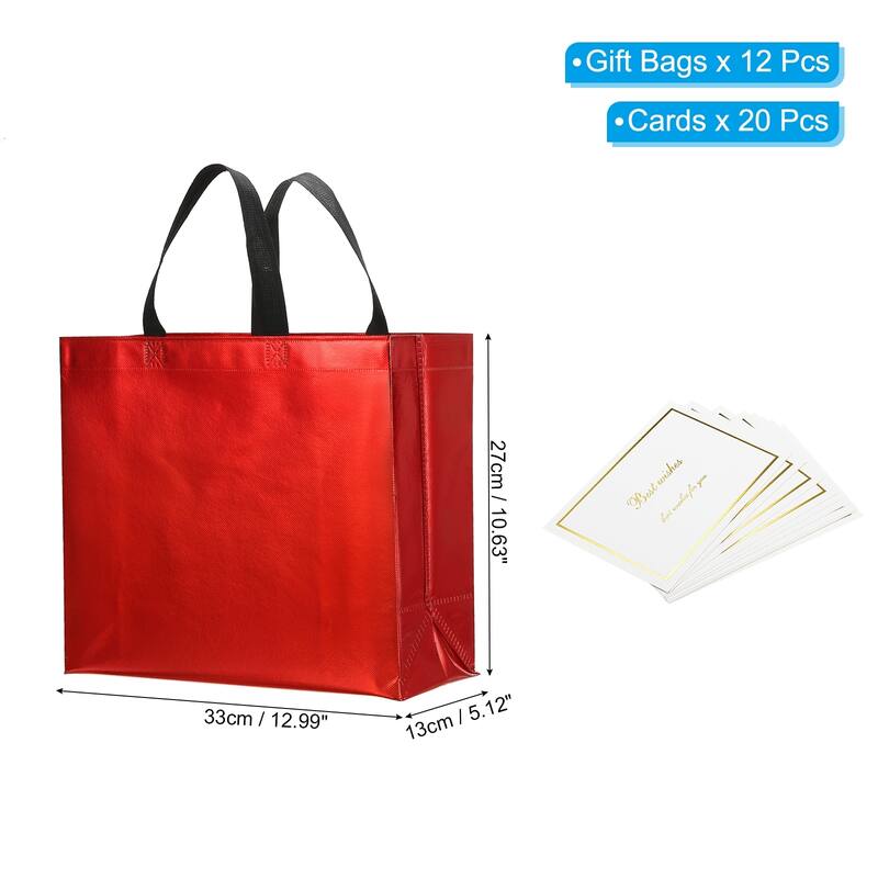 Gift Bags with Cards, 12 Set 13" Reusable Non-Woven Gift Goodie Bags - 13"x11"x5" - Red