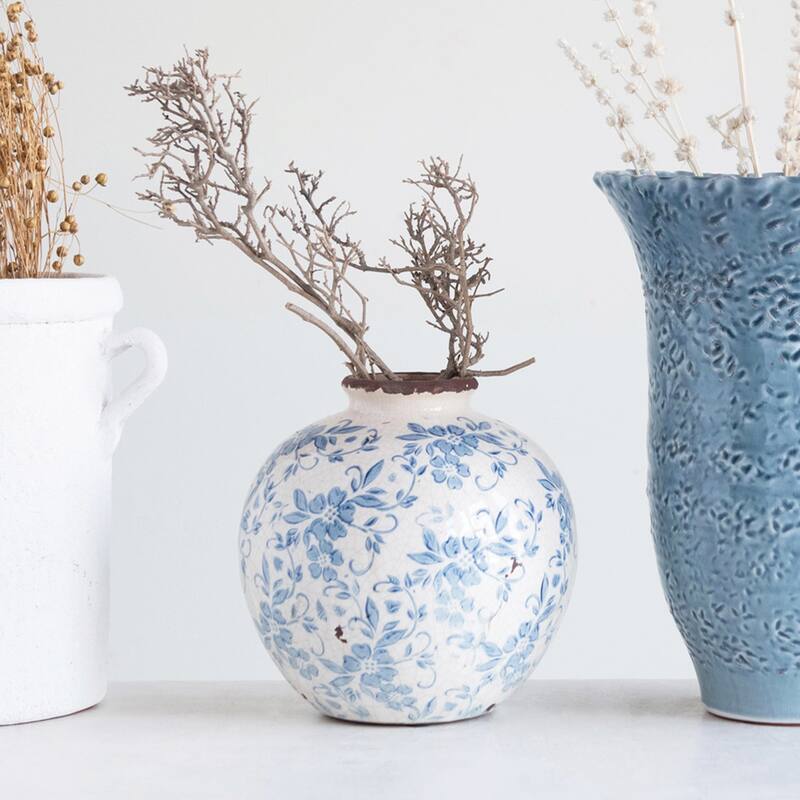 Decorative Terra-cotta Vase with Transferware Pattern